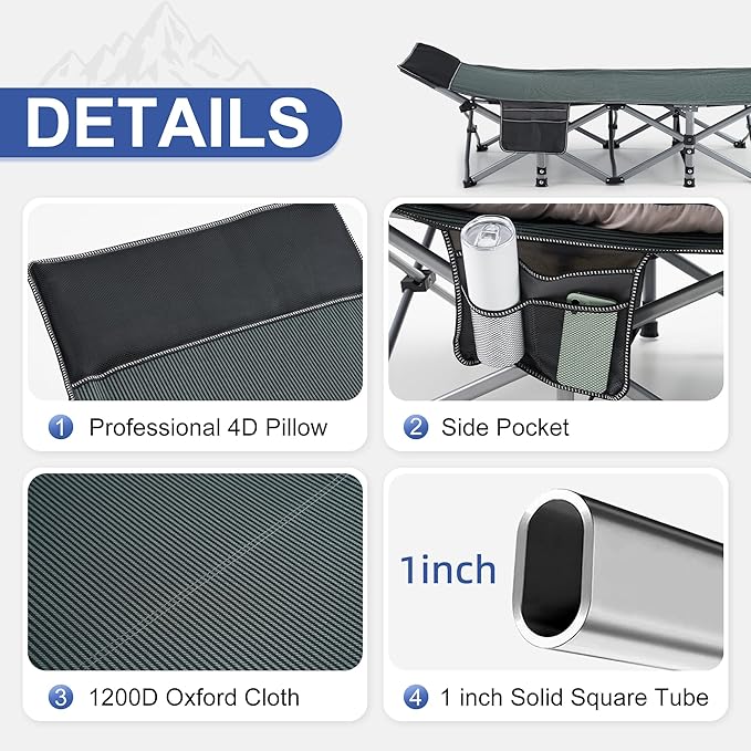 Camping Cot, Sleeping Cots, Portable Camping cots with Cushion, Pillow and Carry Bag, 1200D Double Layer Oxford, 600 LBS Weight Capacity Cots for Sleeping (Blue)