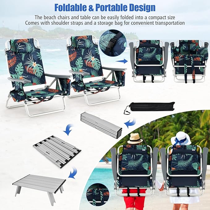 Tangkula Backpack Beach Chair with Table, 5-Position Lay Flat Chairs with Cooler Bag, 2 Cup Holders, Towel Bar, Lightweight Low Folding Chair with Backpack Straps