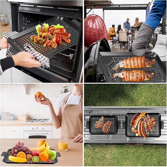 Grill Tray Set Of 2 Outdoor Grill Pans Tray Grill Pans with Hole Nonstick Barbecue Grilling Baskets for Outdoor Camping Vegetable Meat (2 grill pan)
