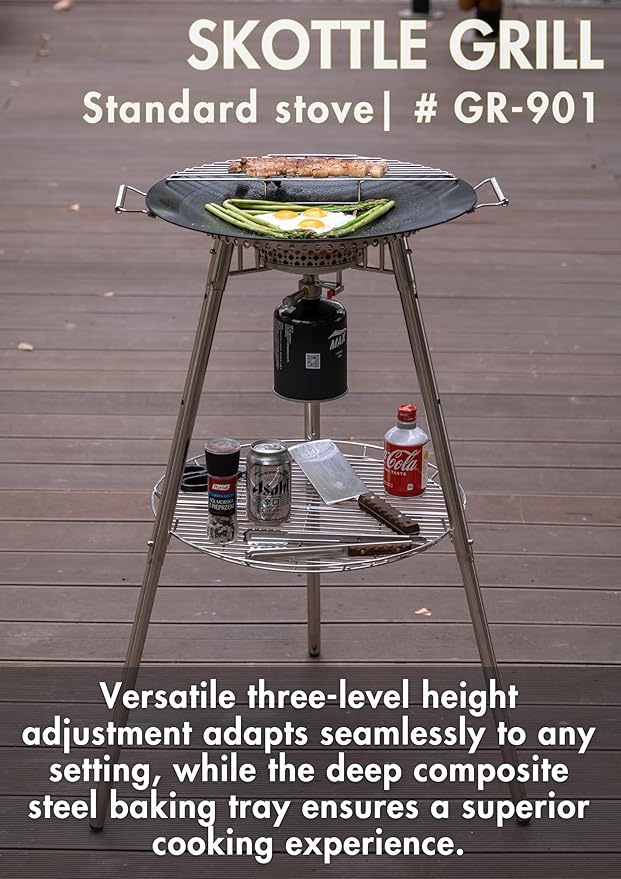 CAMPINGMOON Skottle Grill Cooking System Kit 18 inch Carbon Steel Pan Adjustable Legs Portable Camp Cooking Gear with Carry Bag (Skottle isobutane stove set GR-901)