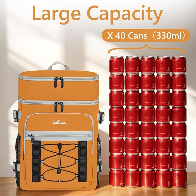 Cooler Backpack, 40 Cans Insulated Lunch Backpack Picnic Backpack for Men&Women, Durable Cooler Bag with 2 Leak Proof Compartments for Picnic, BBQ Camping, Lunch, Beach, Hiking, Orange