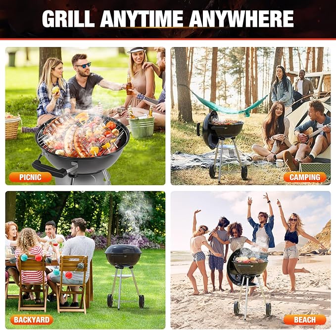 18 inch Charcoal Grill, Portable Kettle BBQ Grills, Perfect BBQ Gift, Durable & Easy to Assemble, Round Barbecue Grill with Wheels and Lid for Outdoor Cooking, Patio and Beach, Black