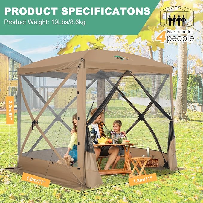 COBIZI 6x6 FT Pop up Gazebo Tent, Waterproof Instant Screen with Mosquito Netting, Portable Outdoor Small Screen Tents Sun Shelter, carpas para Patio for Outdoor Camping, Backyard and Garden, Khaki