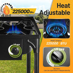 Outdoor Camping Stove, 225000 BTU, High Pressure 3 Burner, Propane Gas Cooker with Detachable Legs, 30 PSI Regulator