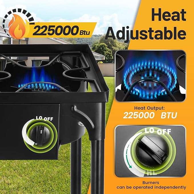 Outdoor Camping Stove, 225000 BTU, High Pressure 3 Burner, Propane Gas Cooker with Detachable Legs, 30 PSI Regulator