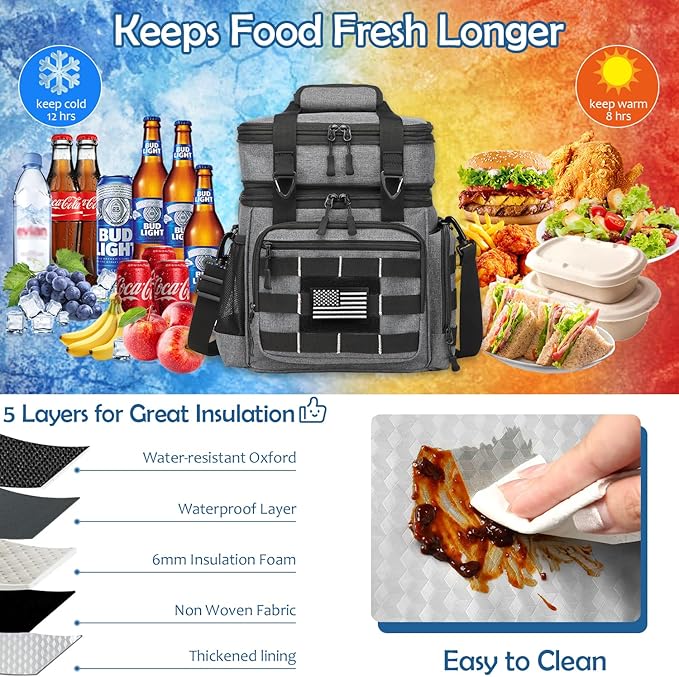 Tactical Lunch Box for Men - 25L Large Insulated Lunch Bag Cooler Bag, Expandable Double Deck Soft Mens Lunchbox for Work, Camping, Picnic, Hiking, Beach Trip, Outdoor & Travel, Gray