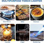 Torch Lighter, Butane Lighter, Windproof Adjustable Big Jet Flame Butane Torch, Refillable Gas Long Torch Lighter with Safety Lock for Candle Grill Camping BBQ Kitchen Soldering, Gas Not Included