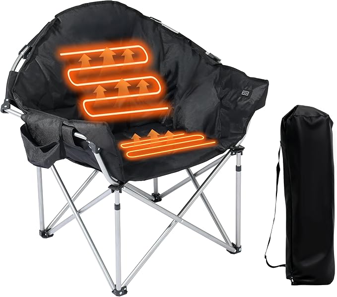 SunSettler Heated Camping Chair, Oversized Heated Outdoor Chairs for Adults with 3 Heat Levels, Portable Folding Padded Chair for Camp, Lawn, Sports (Battery NOT Included) (Black, Oversized)