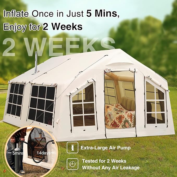2025 Upgraded Waterproof Inflatable Camping Tent, Large Blow-Up Air Tent, No Assembly Needed Luxury Glamping House, Oxford Fabric