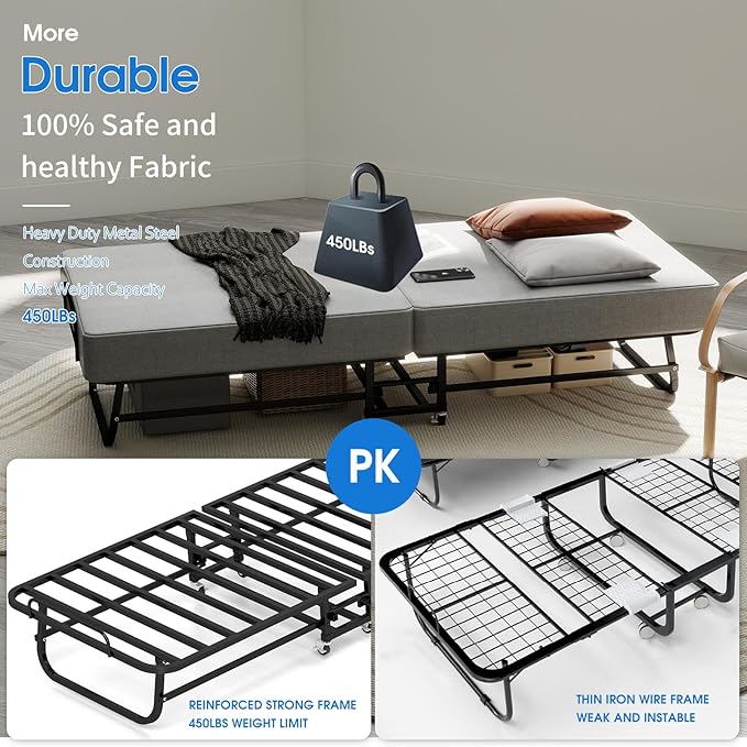 Folding Bed with Mattress, Portable Foldable Bed on Wheels for Adults, Memory Foam Mattress and Metal Frame, Space Saving Roll Away Beds for Easy Storage