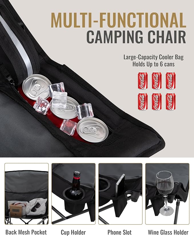KingCamp Oversized XL Camping Chair, Heavy Duty 500lbs Folding Couch for Adults, Padded Large Comfortable Sofa Seat with Cooler Bag Cup Holder for Outdoor Sports Fishing Patio Lawn