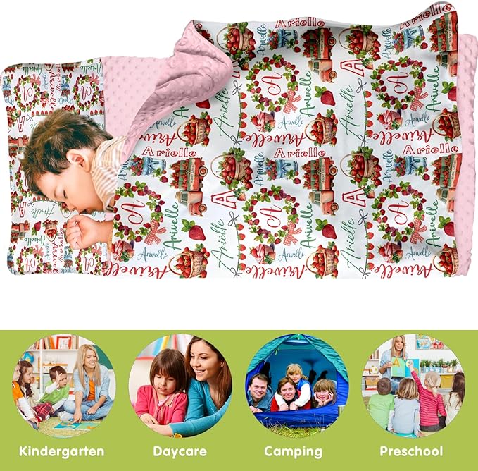 Personalized Toddler Nap Mat for Preschool, Custom Name Kids Sleeping Bag for Daycare, Kindergarten Roll Up Sleeping Mat with Removable Pillow and Soft Blanket, Fun Themes for Boys & Girls