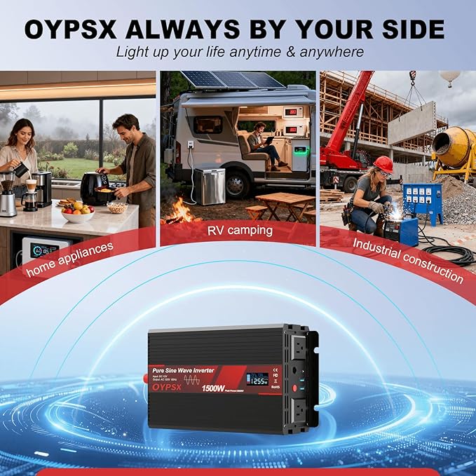 1500W Power Inverter 12V to 110V 120V AC Pure Sine Wave Inverter for RV Truck Camping,Outdoor Off-Grid Power Converter with LCD Display,Wired Controller,AC Outlets USB Ports (12V-1500Watt)