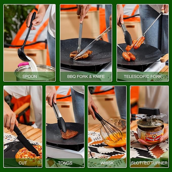 Camping Essentials Cookware Cooking Utensils Set - Portable Camp Kitchen Mess Kit Outdoor Accessories, Stainless Steel & Silicone, Camping Gear Equipment for RV Picnic Grill, Green