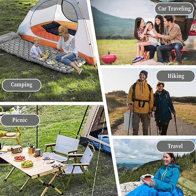MEI&CO Lightweight Convertible Double Inflatable Camping Pad – 2-in-1 Single Pads Built-in Pillow – Quick Inflate Foot Pump, 660lb Capacity – Perfect for Couples & Family Adventures (2, Gray)