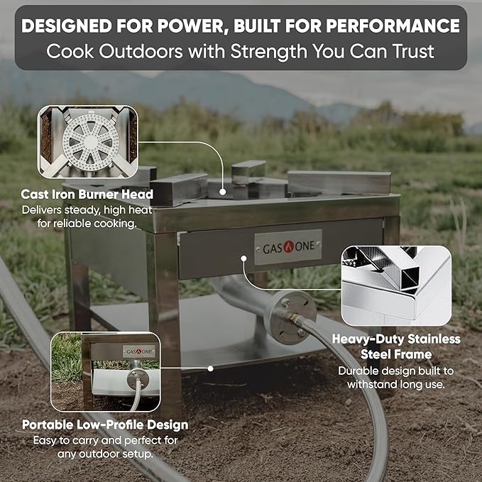 GasOne Stainless Steel Propane Burner Cooker With Regulator with Steel Braided Hose For Outdoor Cooking, Turkey Fry