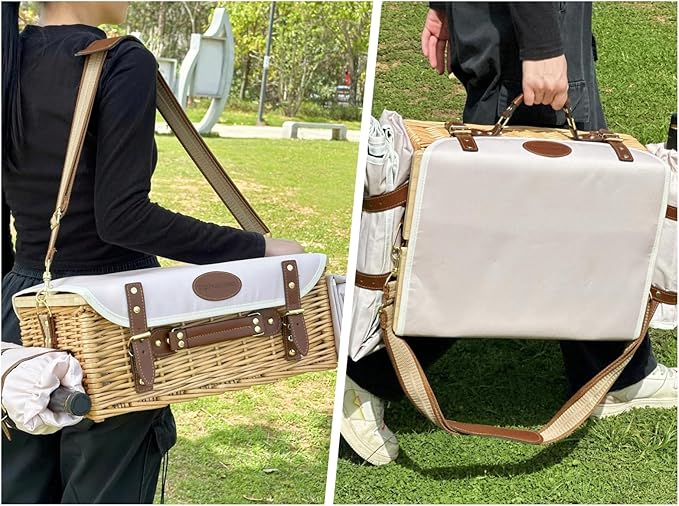 Multifunctional Wicker Picnic Basket Set for 2 Adults with Picnic Table and Blankets,Large Insulated Picnic Set with Wine Pouch and Full Tablewares for Camping Outdoor Couples Natural Beach Wedding
