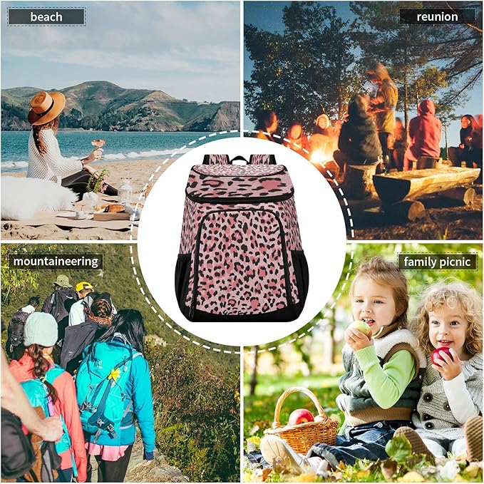 Leopard Pink Cooler Backpack Insulated Waterproof Leak Proof Beach Cooler Bag Lightweight Lunch Picnic Camping Backpack Cooler for Men and Women
