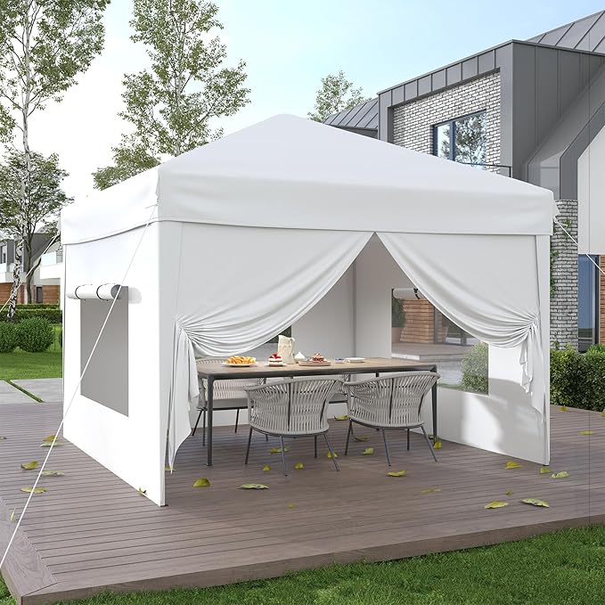10x10 Pop Up Canopy Tent with 4 SideWalls, Easy Up Canopy with 3 Adjustable Height, Outdoor Sun Shade with 4 Sandbags & Carrying Bag for Camping, Parties,Outdoor Events-White
