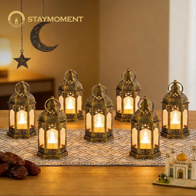 Mini Lanterns with Remote Control: 10 Pcs Gold Lantern with Timer Dimmer Table Centerpieces Decorations for Ramadan Wedding Party Camping Decor