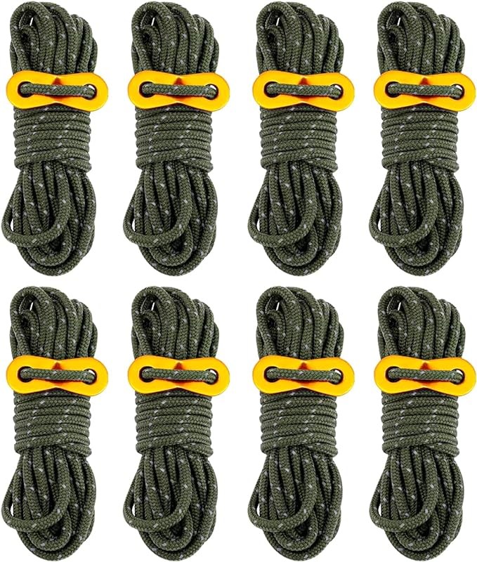 8 Pack 4mm Guy Lines Ultralight Tent Cords with Aluminum Adjuster Tensioner Outdoor Camping Guylines Ropes for Tent Tarp,Climbing,Hiking Backpacking (Army-Green)