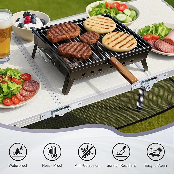 VINGLI Small Folding Table Portable 3FT Aluminum Foldable Camping Table for Picnic Card Table with 3 Adjustable Height & Carry Handle for Outdoor Indoor Hiking Camp BBQ Beach-White