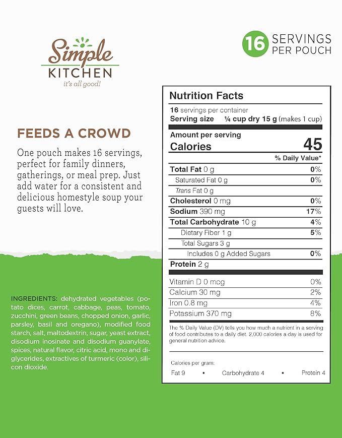 Simple Kitchen Garden Vegetable Soup Mix - 17 Servings for Meal Prep, Gluten Free, Vegetarian, Dehydrated & Freeze Dried Survival Food for Camping Meals, Backpacking & Hiking, Survival Kit, Pack of 4