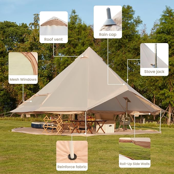 YOLENY Bell Tent, Yurt Tent 4/6/8/10 Person 4 Season Waterproof Glamping Tents w/Stove Jack for Family Camping Outdoor Party, Glamping Tents for Camping - 10/13.1/16.4FT