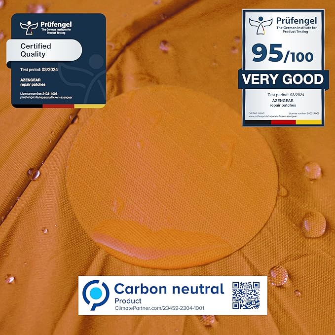 aZengear Repair Patches for Jackets, Tent, Shoe Toe, Air Mattress, Inflatables, PVC Gear - Waterproof, Self-Adhesive, Tear-Cold-Heat-Resistant, Down Puffer Coat (11 Pcs, Gold Orange)