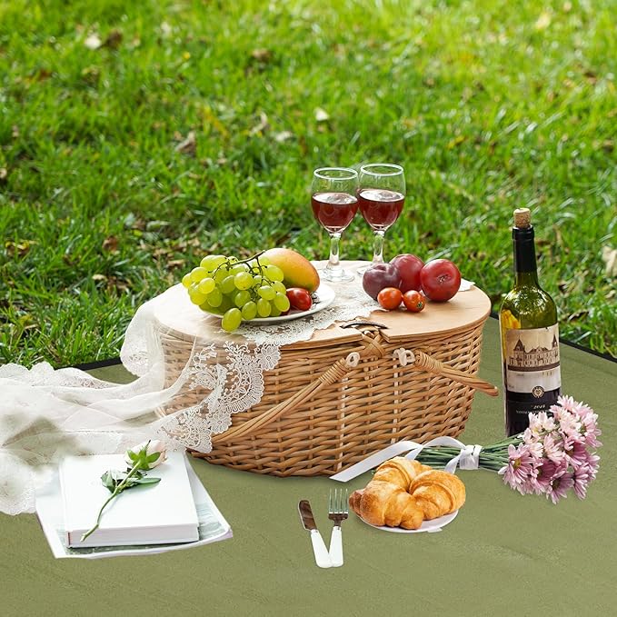 ZORMY 15" Cooler Picnic Basket with Blanket, Wooden Split Lid Picnic Basket, Vintage-Style Wicker Picnic Hamper with Folding Woven Handle for Picnic, Camping
