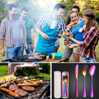 Portable Utensils Set with Case, 4pcs Stainless Steel Reusable Silverware for Lunch Camping School Picnic Workplace Travel, Lunch Box Includ Fork Spoon Knife,Easy to clean,Dishwasher Safe(Rainbow)