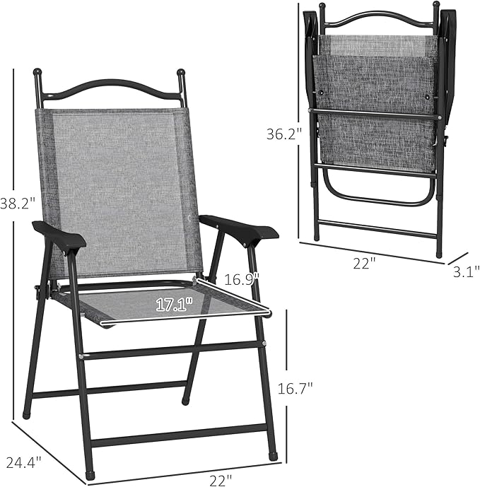 Outsunny Folding Patio Chairs, Set of 4 Sports Chairs for Adults, Camping Chairs with Armrests, Breathable Mesh Fabric Seat for Lawn, Gray