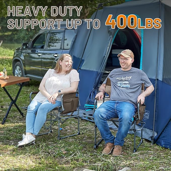TIMBER RIDGE 2 Pack Aluminum Camping Directors Chair with Side Table Pocket, Portable Folding Heavy Duty Lawn Chair for Fishing Trip Picnic Concert Outdoor 400lbs, Tan