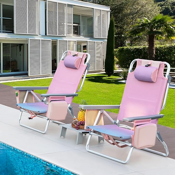 GYMAX Beach Chairs, Backpack Camping Chair with Armrest, Cooler Bag, Cup Holder, Towel Bar & Side Pockets, Sunbath Sling Tanning Lounge, Folding Layout Chair (with Table, Pink)