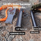 FS124 Heavy-Duty Fire Starter - 1/2 Inch Thick x 4 Inch Long Ferrocerium Rod with Magnesium, Carbon Alloy Steel Striker & 550 Paracord Handle for Survival, Camping, Emergency Kits