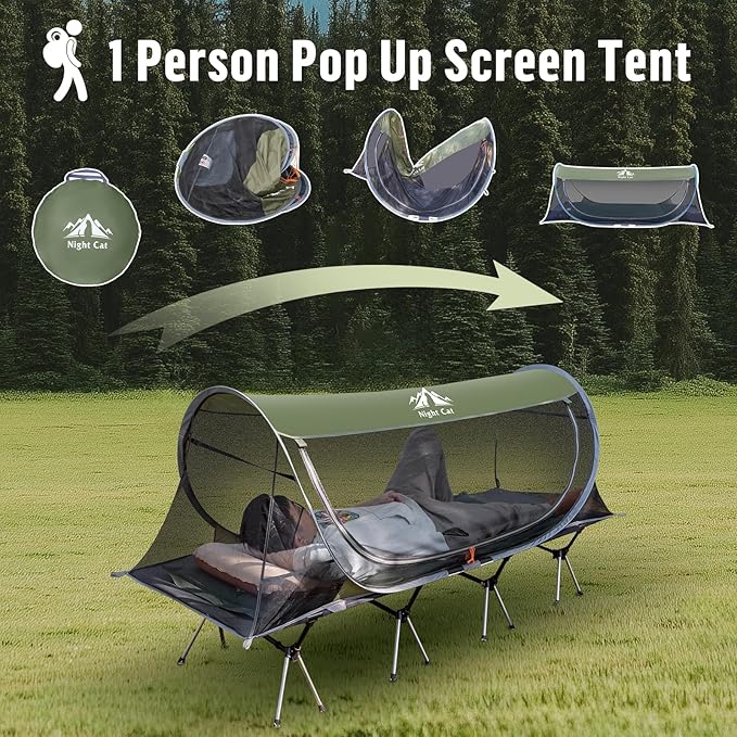 Night Cat Pop-up Mosquito Tent: 1 Person Camping Tent with Bug Screen Net Easy Set-up Tent Fits with Camping Cot Combo Set