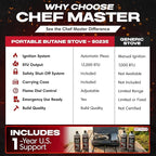 12,000 BTU Portable Butane Camping Stove with 4 x 8oz. Butane Fuel Canister Combo, Double Wind-Guard Portable Stove w/Carry Case for Road Trips, Camping, Tailgating & Emergencies by Chef Master 90235