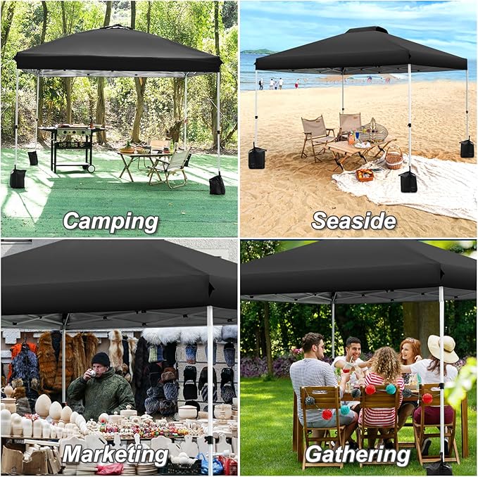 WEIZE Pop up Canopy Tent 10x10ft, 1-Button Push Setup, Instant Portable Shelter, Adjustable Height, Portable Roller Bag, 4 Weight Bags, Guy Ropes & Stakes Included, Black