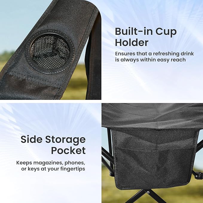 Portable Camping Chair 2 Pack, Folding Outdoor Chair with Cup Holder & Side Pocket for Camping, Hiking, Picnic, Beach (Black)