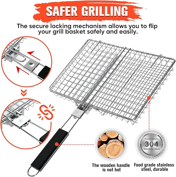 Grill Baskets for Outdoor Grill|Stainless Steel Large Grilling Basket with Removable Wooden Handle|Fish Grilling Basket Grilling for Meat,Steak,Vegetables & Seafood| Grilling Gifts for Dad/Men,Perfect Grilling Accessories