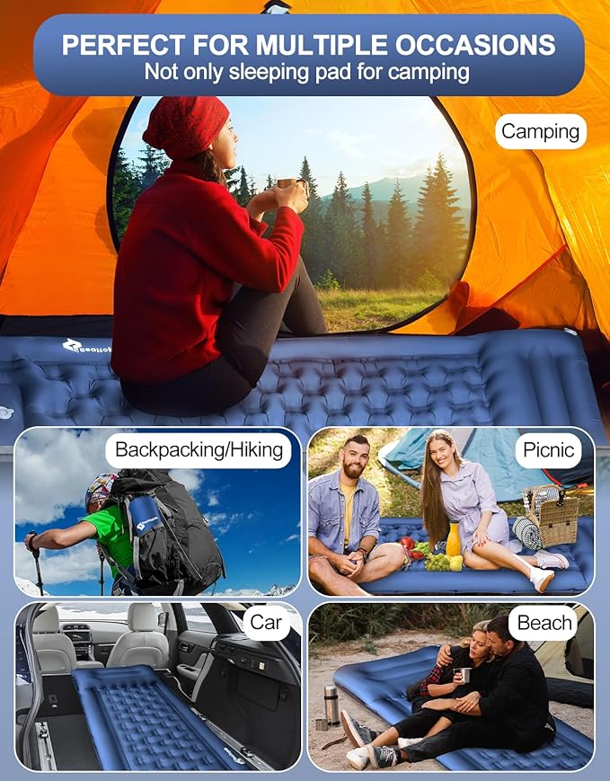 Extra Thick 5 Inch Sleeping Pad - Self Inflating Sleeping Pad with Pillow, Camping Mattress Pad with Foot Pump, Sleeping Pad Mat for Backpacking, Hiking, Traveling (Blue)