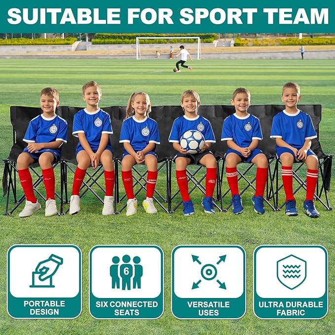 1MORE Soccer Bench - Portable Folding Team Bench, 6 Seats Foldable Sideline Benches, Soccer Chair with Bag & Backrest, Adult Team Chair for Football Camp Sport Events Outdoor Seating.Black