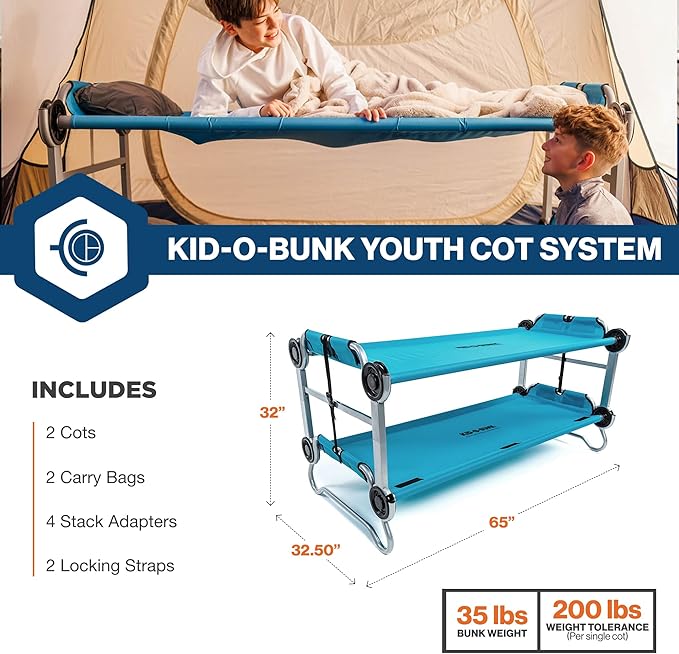 Disc-O-Bed Youth Double Cot Kid-O-Bunk, Modular for Bunk Beds, Dual Cots, or Bench with 2 Carry Bags for Portable Transport