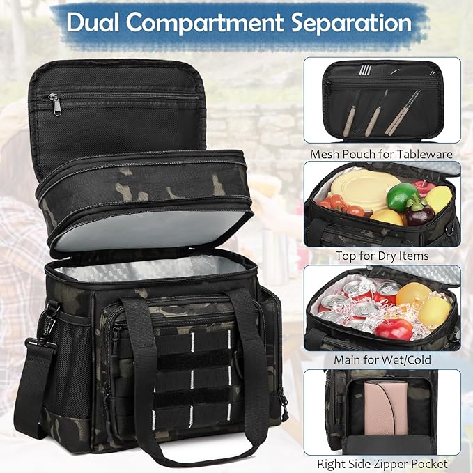 Tactical Lunch Box for Men, Large Expandable Insulated Cooler Bag Lunch Bag for Men, Double Deck Soft Mens Lunchbox for Work, Picnics, Outdoor Shifts, Camping & Travel, 16L, Dark CM