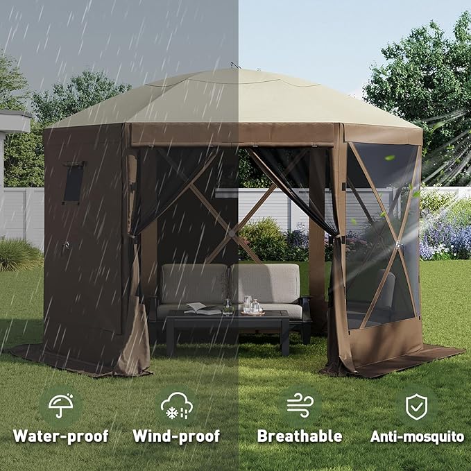 Aoxun 10x10FT Pop-up Canopy Shelter Tent, 6-Sided Canopy Tent with Carry Bag and Stakes, Screen House Sun Shelter Tents for Camping, Backyard, Patio, Lawn, Brown