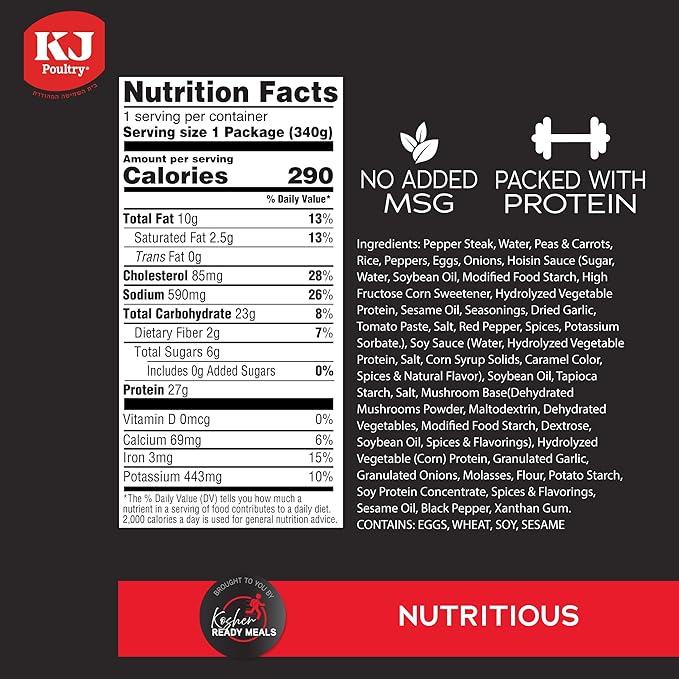 KJ Poultry Kosher Ready Meals - Beef Pepper Steak & Rice, MRE Meat Meals Ready to Eat (12 Pack) Prepared Entree Fully Cooked, Shelf Stable Microwave Dinner Travel, Military, Camping Emergency Survival