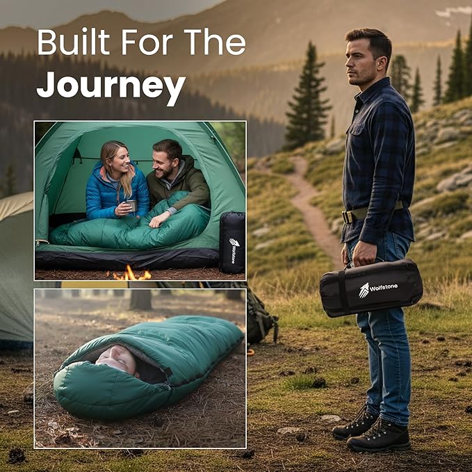 Wolfstone Sleeping Bags for Adults - 3 Season Sleeping Bags with Lightweight Compression Sack for Hiking & Camping - Anti-Snag Zipper, Tear-Resistant Shell & Breathable Lining in Black, Blue or Green