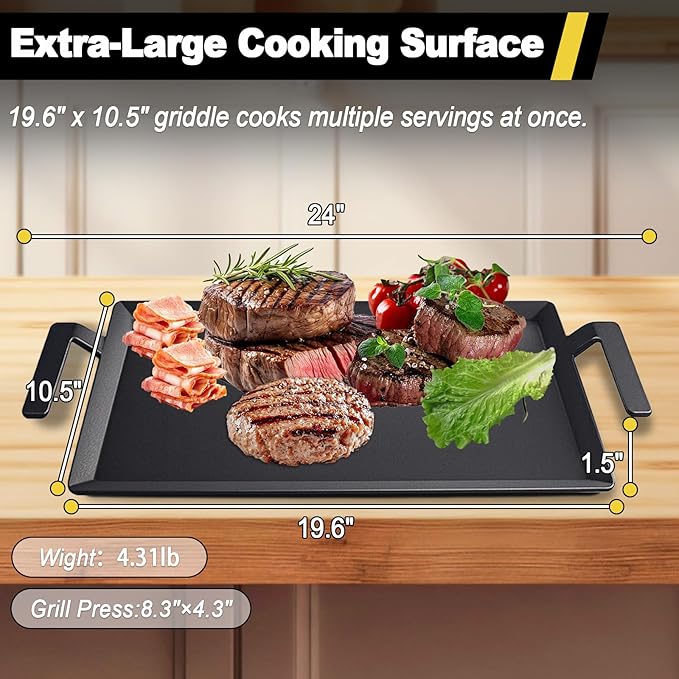 Carbon Steel Double Burner Griddle for Gas Grill–19.6" x 10.5" Flat Top Griddle Pan with Smash Burger Press& Heat Resistant BBQ Gloves,Stovetop & Induction Griddle Plate for Charbroil, Camp Chef