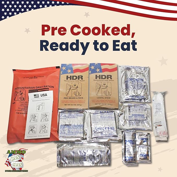 Humanitarian Daily Ration MRE Case – 5 US FEMA Emergency rations MRE Varieties - Low Sodium Pre cooked w/Entree, Side Dishes for Hunting, Camping & More, 10 pack, Inspection Date 1/2024 or Better.