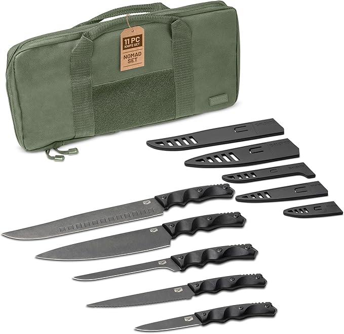 DFACKTO 11-PC Rugged Nomad Chef Knife Set - High Carbon Stainless Steel Kitchen Cutlery w/Full Tang G10 Handles, Protective Sheaths w/Green Travel Case - Professional Cutlery for Cooking & Camping
